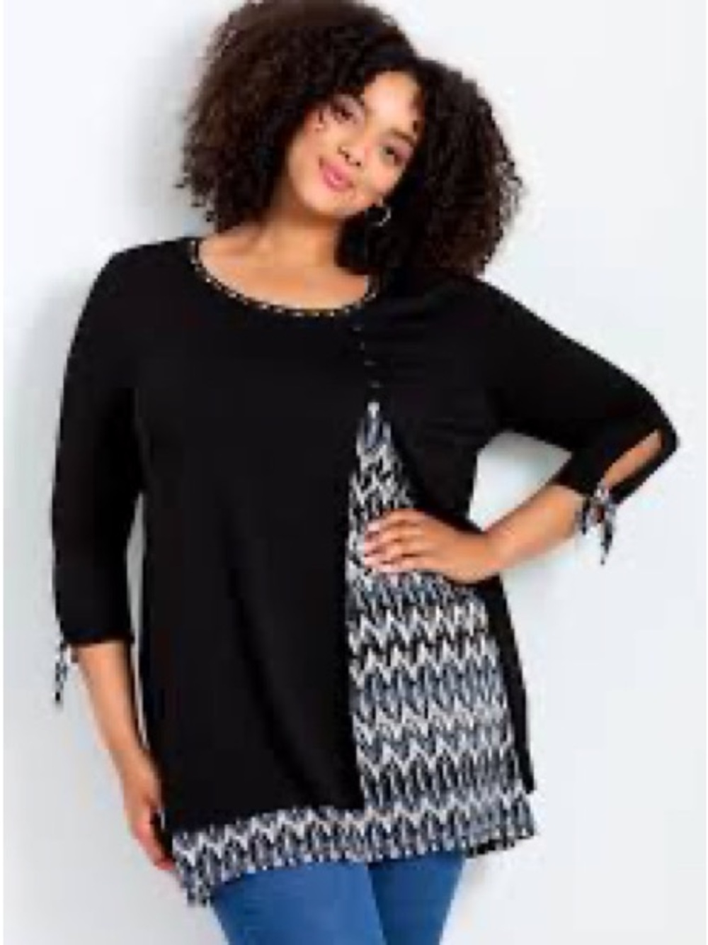 Avenue Black Tunic Top with Blue & White Aztec Panel with front overlap